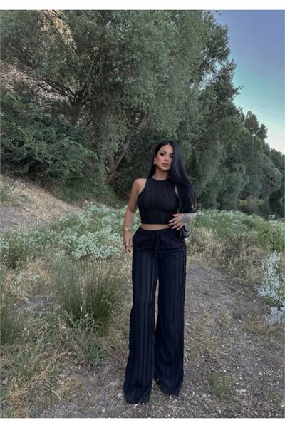 Kadın Kaşkorse Crop Top ve Bol Paça Pantolon İkili Takım
