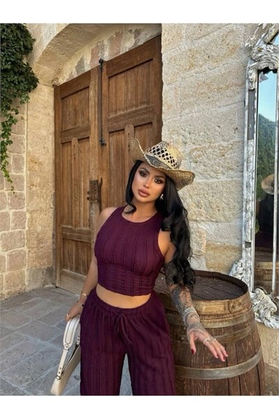 Kadın Kaşkorse Crop Top ve Bol Paça Pantolon İkili Takım