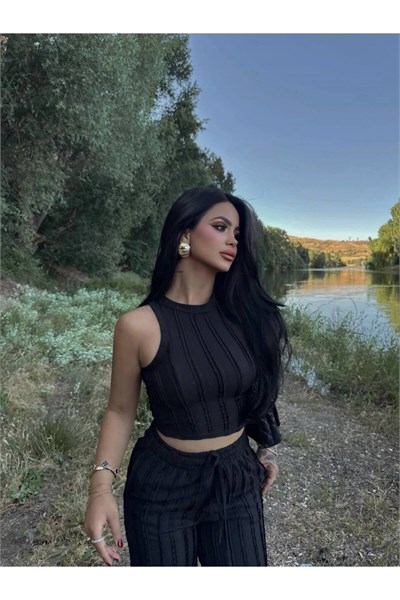 Kadın Kaşkorse Crop Top ve Bol Paça Pantolon İkili Takım
