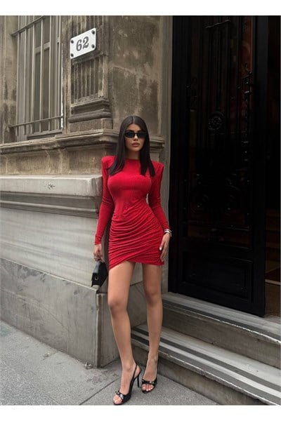 Kadın Kırmızı Taşlı Büzgülü Vatkalı Uzun Kollu Mini Elbise