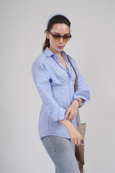 Kadın Mavi Çizgili Bel Oturtmalı Oversize Gömlek Bluz
