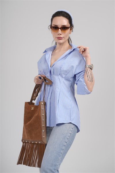 Kadın Mavi Çizgili Bel Oturtmalı Oversize Gömlek Bluz