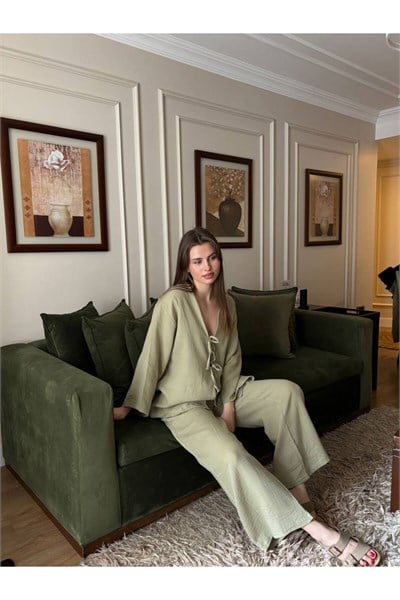 Kadın Müslin Kumaş Bağlama Detaylı Oversize Alt Üst Takım