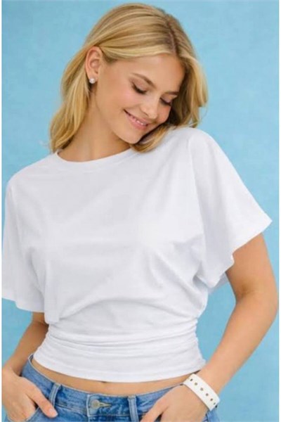 Kadın Siyah Yarasa Kol Drapeli Crop Bluz
