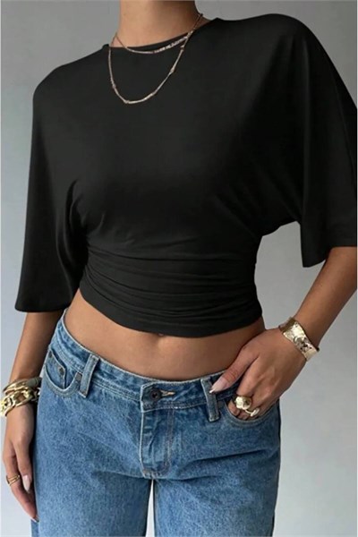 Kadın Siyah Yarasa Kol Drapeli Crop Bluz