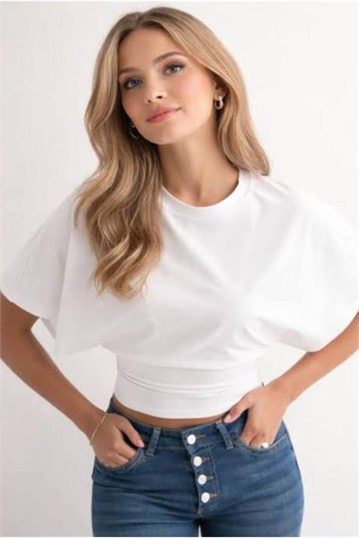 Kadın Siyah Yarasa Kol Drapeli Crop Bluz