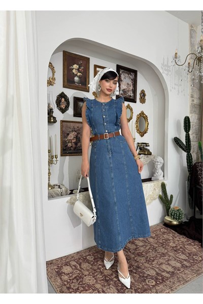 Kadın Vintage Stil Kuşaklı Kot Elbise