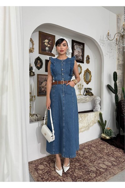 Kadın Vintage Stil Kuşaklı Kot Elbise