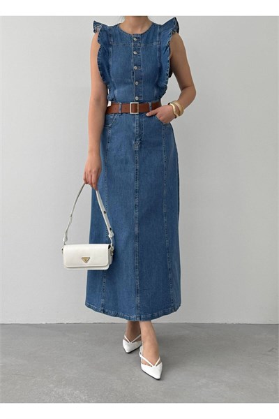 Kadın Vintage Stil Kuşaklı Kot Elbise