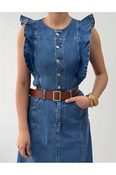 Kadın Vintage Stil Kuşaklı Kot Elbise