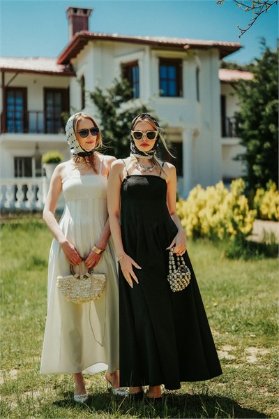 MAY REM Kadın Siyah Askılı Dantel Detaylı Pileli Midi Boy Prenses Model Abiye Elbise