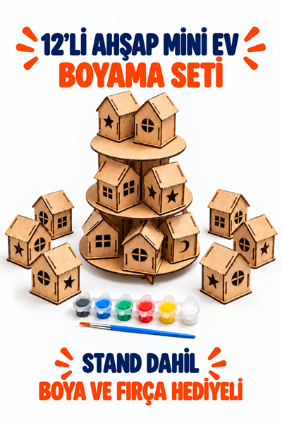 12'li Ahşap Mini Ev Boyama Seti – 3 Katlı Standlı, Boya ve Fırça Hediyeli Çocuk Etkinlik ve Hobi Seti