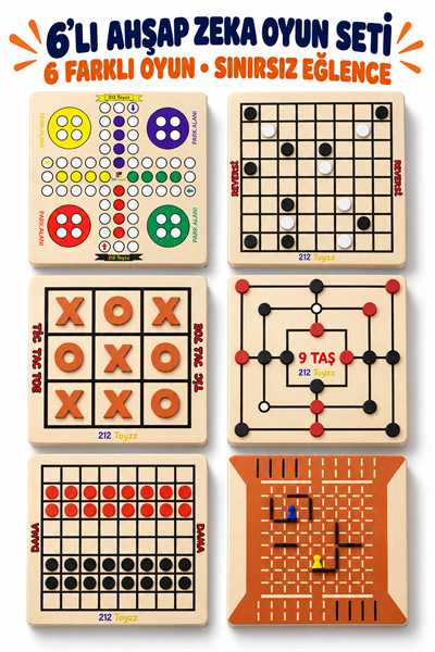 6'lı Ahşap Akıl, Zeka ve Strateji Oyun Seti – Reversi, Kızma Birader, Dama, Tic Tac Toe ve Koridor Oyunu