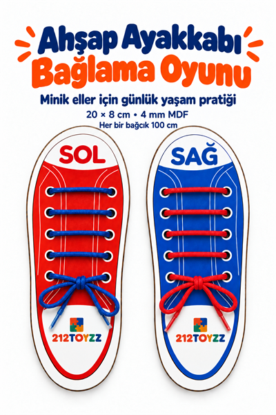 Ahşap Ayakkabı Bağlama Oyunu – Sağ Sol Öğretici Bağcık Geçirme Eğitici Aktivite Oyuncağı