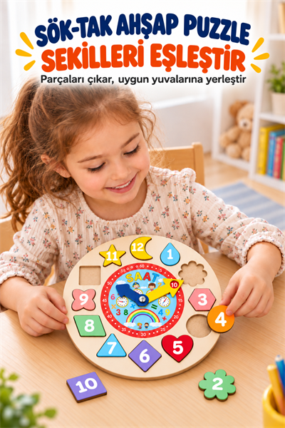 Ahşap Eğitici Saat 26 cm – Geometrik Şekilli Puzzle, Sayı ve Saat Öğretici Çocuk Oyuncağı