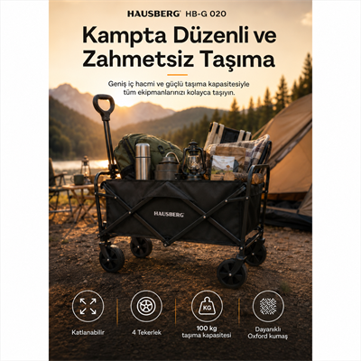 Hausberg Katlanır Kamp Arabası — Frenli, 360° Dönen Kalın Tekerlekli Katlanabilir Vagon, Su Geçirmez Plaj / Pazar / Piknik / Bahçe Taşıma Arabası (Siyah) HB-G 020