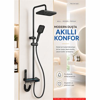 Piyano Tuşlu Dijital Duş Seti — Freddo 4 Fonksiyonlu LED Ambiyans Işıklı Termostatik Akıllı Duş Seti, Yağmurlama Tepe Duş + El Duşu + Banyo Bataryası (Antrasit) FRD-SN 5020NG