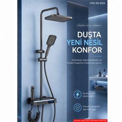 Piyano Tuşlu Dijital Duş Seti — Freddo 4 Fonksiyonlu LED Ambiyans Işıklı Termostatik Akıllı Duş Seti, Yağmurlama Tepe Duş + El Duşu + Banyo Bataryası (Antrasit) FRD-SN 5024NG