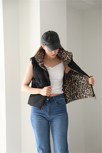 Kadın Çift Taraflı Leopar Peluş Şişme Yelek