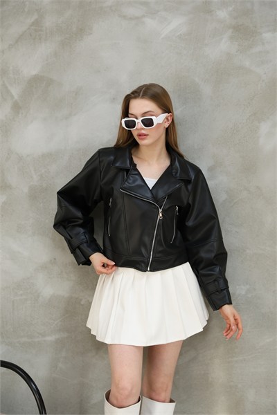 Kadın Oversize Biker Balon Kol Deri Ceket