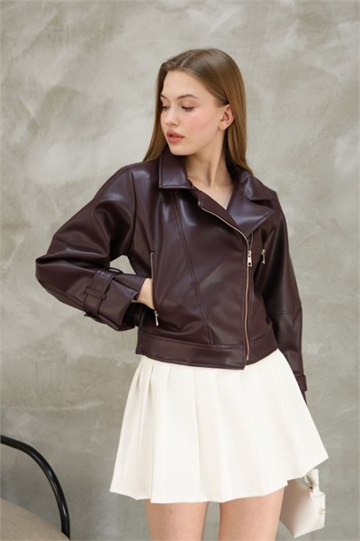 Kadın Oversize Biker Balon Kol Deri Ceket