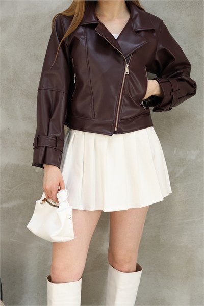 Kadın Oversize Biker Balon Kol Deri Ceket