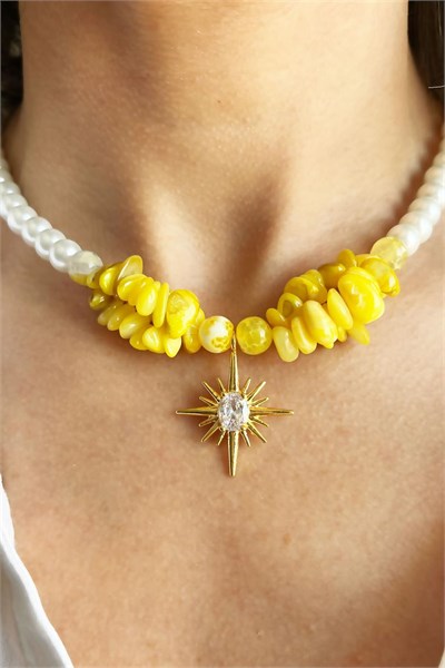 Agate Natural Stone and Yellow Broken Stone North Star Detail Pearl Necklace