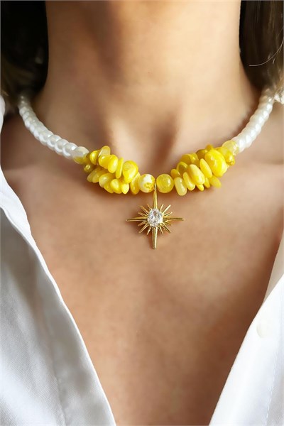 Agate Natural Stone and Yellow Broken Stone North Star Detail Pearl Necklace