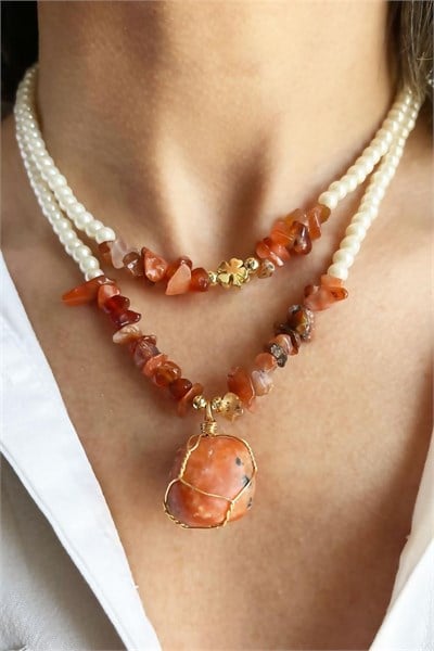 Agate Natural Stone and Orange Broken Stone Double Pearl Necklace