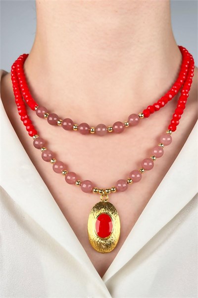 Gold-Plated Dual Bead Necklace with Ends - Red