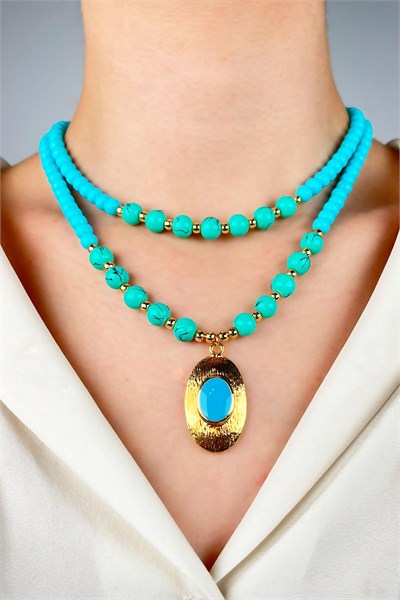 Gold-Plated Dual Bead Necklace with Ends - Turquoise