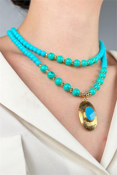 Gold-Plated Dual Bead Necklace with Ends - Turquoise