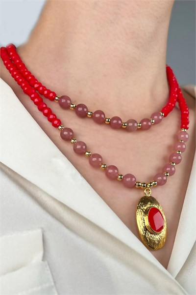 Gold-Plated Dual Bead Necklace with Ends - Red
