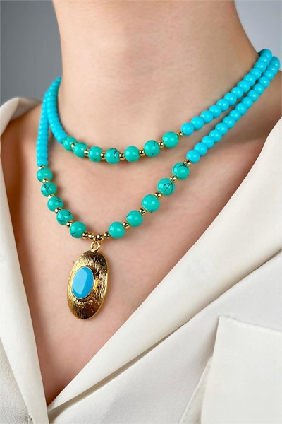 Gold-Plated Dual Bead Necklace with Ends - Turquoise