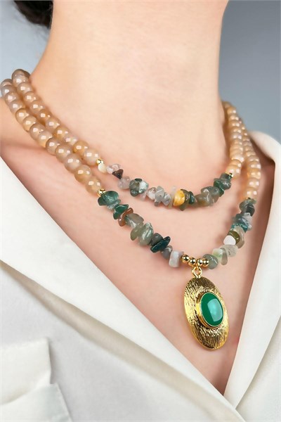 Gold-Plated Dual Natural Stone and Bead Necklace with Ends - Green