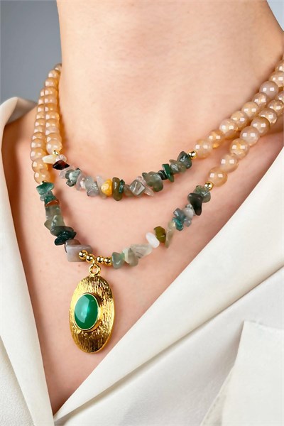 Gold-Plated Dual Natural Stone and Bead Necklace with Ends - Green