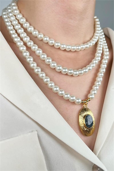 Gold-Plated Triple Pearl Design Necklace with Ends - Black