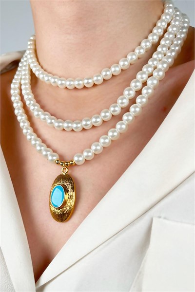 Gold-Plated Triple Pearl Design Necklace with Ends - Turquoise