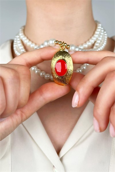 Gold-Plated Triple Pearl Design Necklace with Ends - Red
