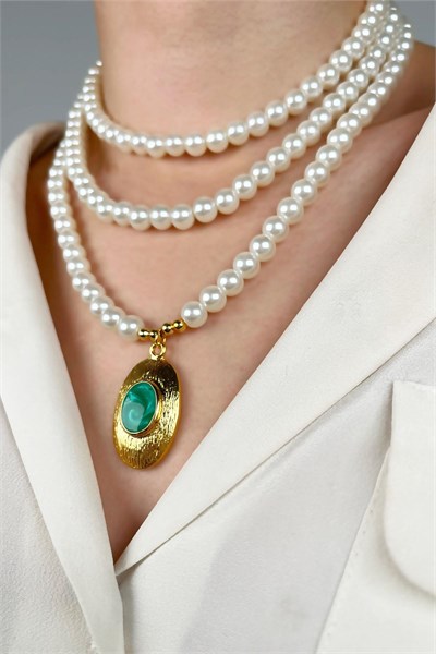 Gold-Plated Triple Pearl Design Necklace with Ends - Green