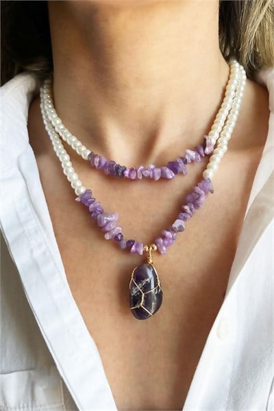 Amethyst Natural Stone and Purple Broken Stone Double Pearl Necklace