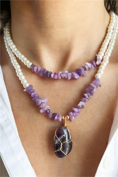 Amethyst Natural Stone and Purple Broken Stone Double Pearl Necklace