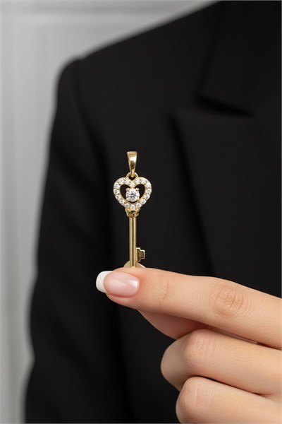 Key Design Zircon Necklace Pendant – Gold 14K Tone, Hypoallergenic Xuping