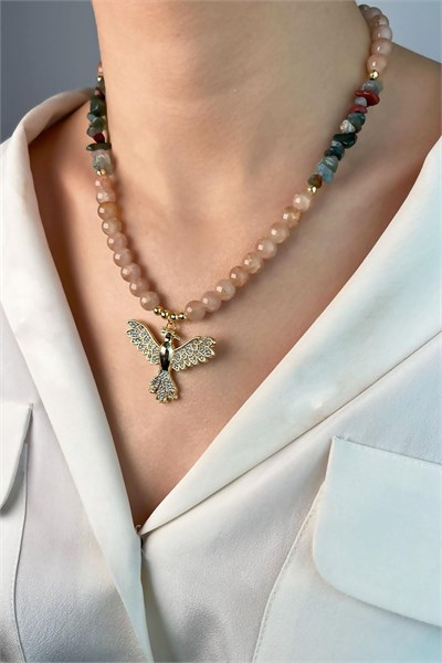 Phoenix Bird Natural Broken Stone Bead Necklace - Mink