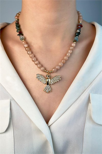 Phoenix Bird Natural Broken Stone Bead Necklace - Mink
