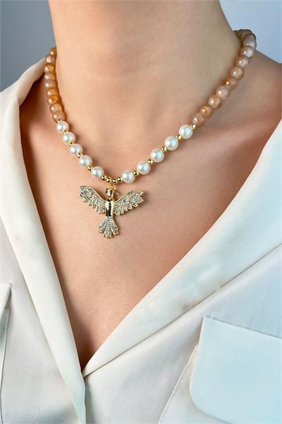 Phoenix Bird Dorika and Beaded Pearl Necklace - Mink