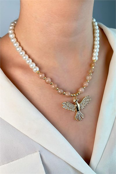 Phoenix Bird Dorika and Beaded Pearl Necklace - White