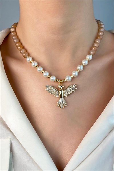 Phoenix Bird Dorika and Beaded Pearl Necklace - Mink