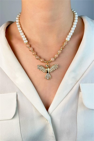 Phoenix Bird Dorika and Beaded Pearl Necklace - White
