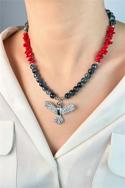 Phoenix Bird Coral Natural Stone Bead Necklace - Gray